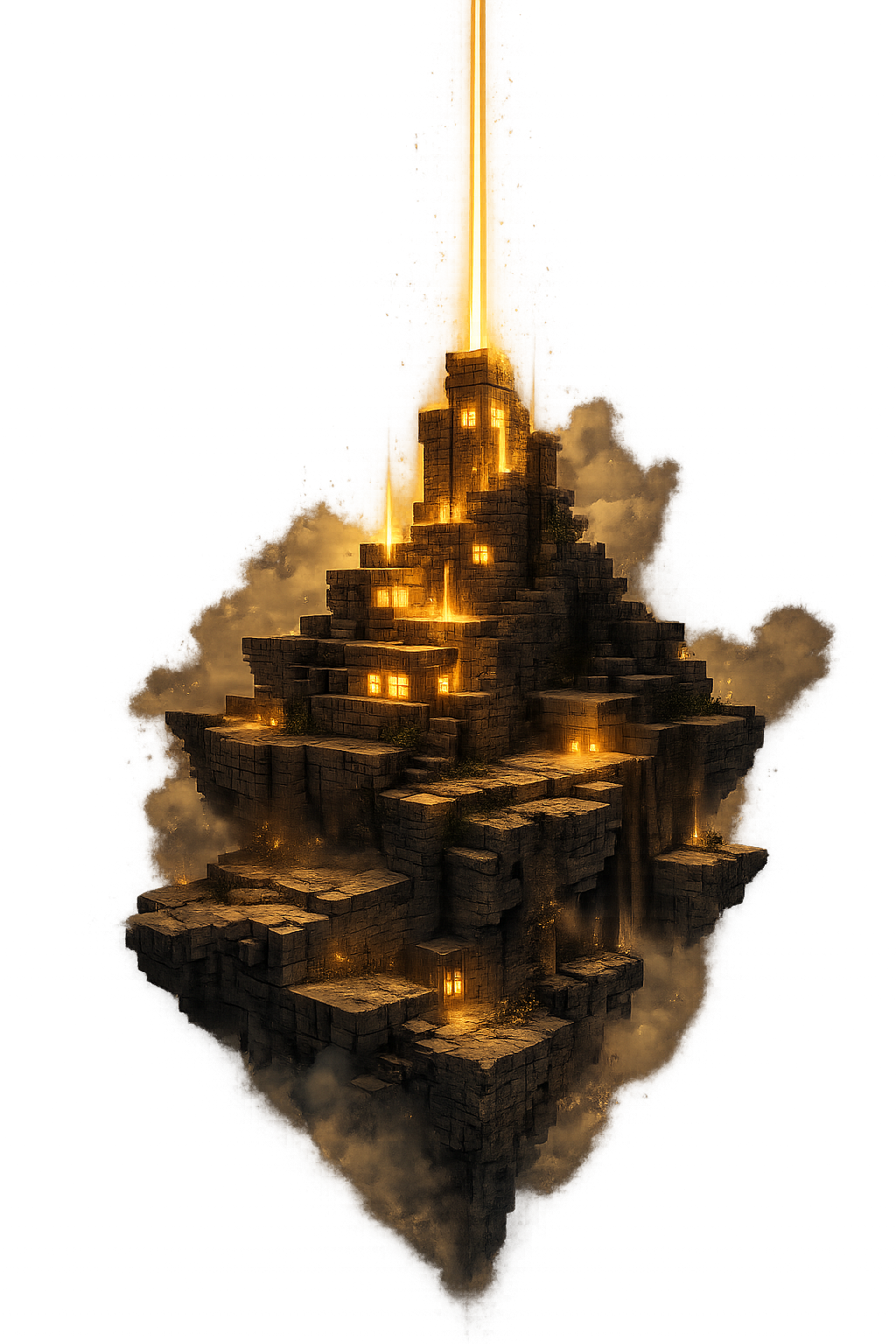 Citadelle Minecraft flottante illuminée par un faisceau doré